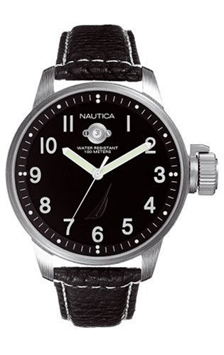 Nautica bracelet de montre A09595 Cuir Noir 22mm + coutures blanches